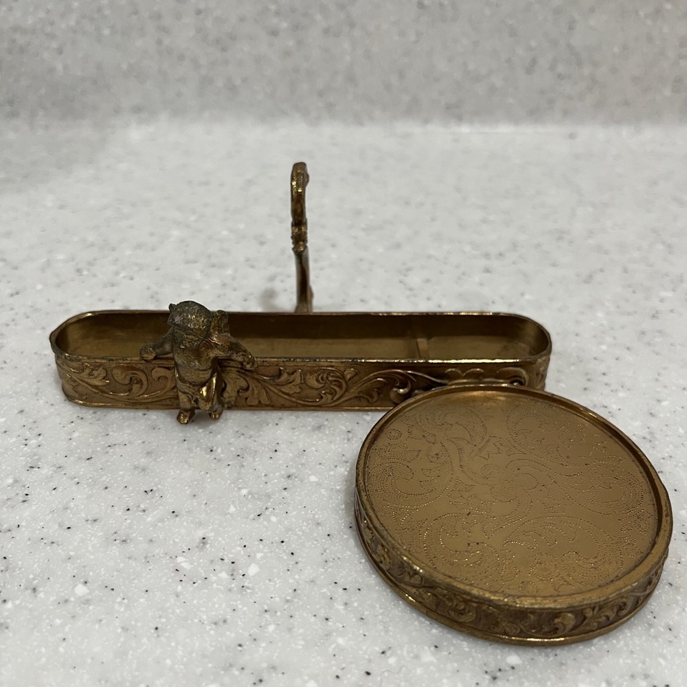 Antique Vtg VICTORIAN CHERUB Brass TEA CUP & SAUCER Stand HOLDER Easel DISPLAY
